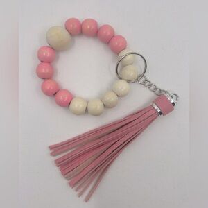 Wristlet Bracelet Keychain Pink Cream Wooden Beads With Tassel NEW